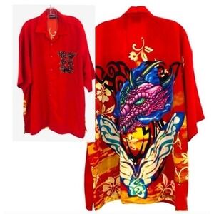 Wingo 2X Dragon Back‎ Graphic Red Polyester Short Sleeve Men’s Button Shirt